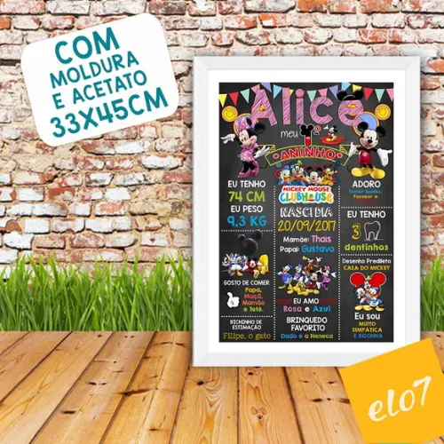 Chalkboard Aniversário C/ Moldura Minnie Mickey A3 30x42cm