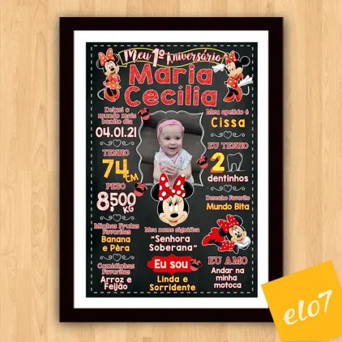 Chalkboard Aniversário C/ Moldura Minnie Vermelho 30x42cm