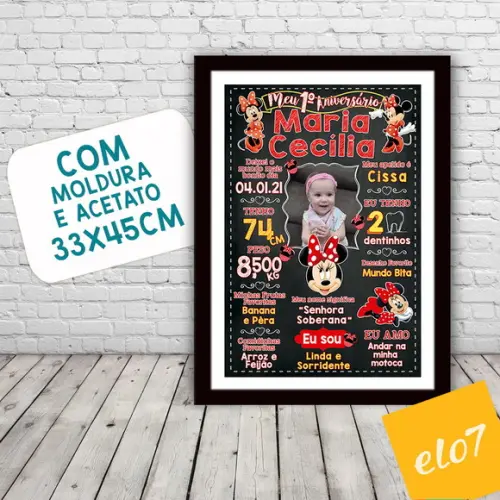 Chalkboard Aniversário C/ Moldura Minnie Vermelho 30x42cm