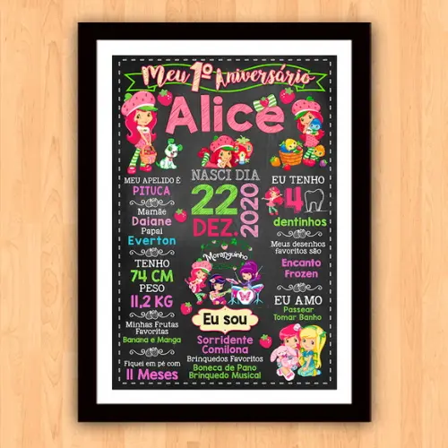 Chalkboard Aniversário c/ Moldura Moranguinho 30x42cm A3