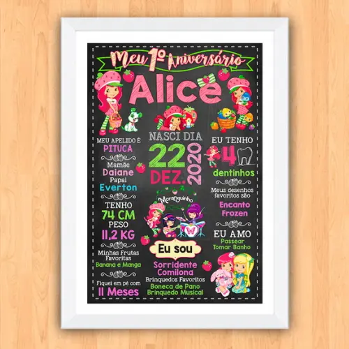 Chalkboard Aniversário c/ Moldura Moranguinho 30x42cm A3