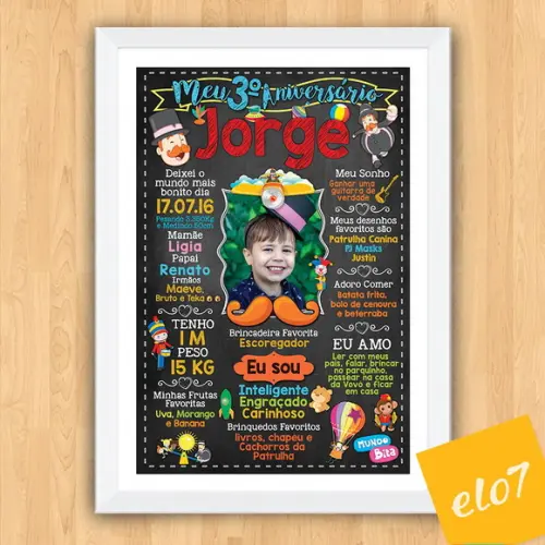Chalkboard Aniversário C/ Moldura Mundo Bita 30x42cm