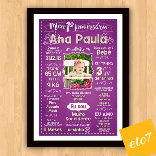 Chalkboard Aniversário C/ Moldura Princesa Roxo Uva 30x42cm