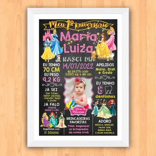 Chalkboard Aniversário c/ Moldura Princesas Disney 30x42cm