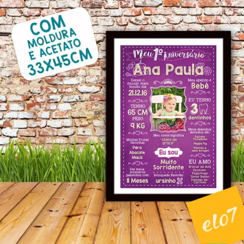 Chalkboard Aniversário C/ Moldura Princesa Roxo Uva 30x42cm