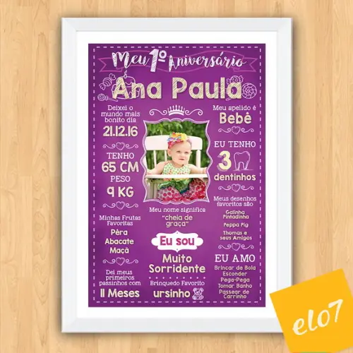 Chalkboard Aniversário C/ Moldura Princesa Roxo Uva 30x42cm