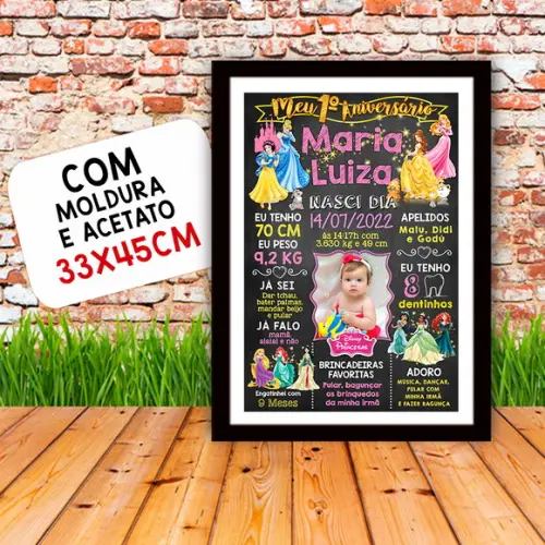 Chalkboard Aniversário c/ Moldura Princesas Disney 30x42cm
