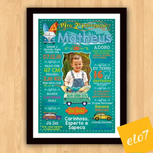 Chalkboard Aniversário C/ Moldura Surf Kombi 30x42cm