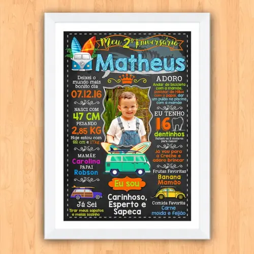 Chalkboard Aniversário c/ Moldura Surf Kombi 30x42cm