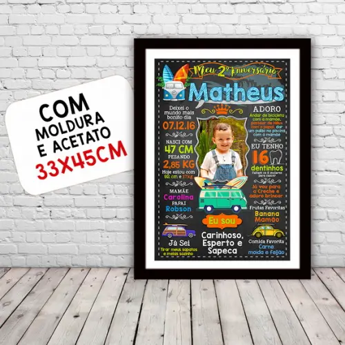 Chalkboard Aniversário c/ Moldura Surf Kombi 30x42cm