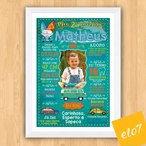 Chalkboard Aniversário C/ Moldura Surf Kombi 30x42cm