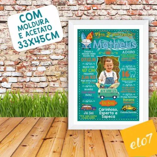 Chalkboard Aniversário C/ Moldura Surf Kombi 30x42cm