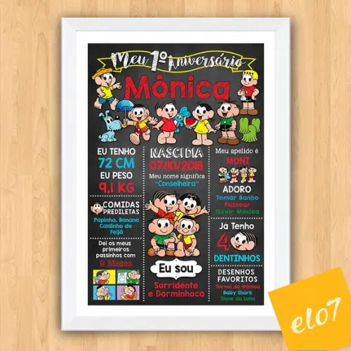 Chalkboard Aniversário C/ Moldura Turma Da Mônica 30x42cm