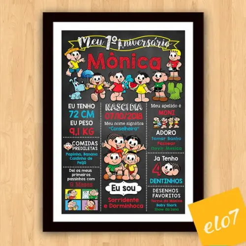 Chalkboard Aniversário C/ Moldura Turma Da Mônica 30x42cm