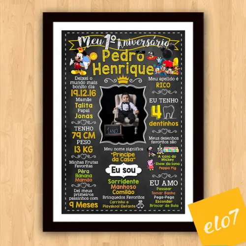 Chalkboard Aniversário c/ Moldura Turma do Mickey 30x42cm