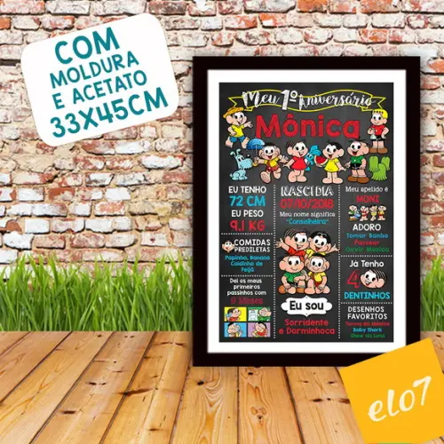 Chalkboard Aniversário C/ Moldura Turma Da Mônica 30x42cm