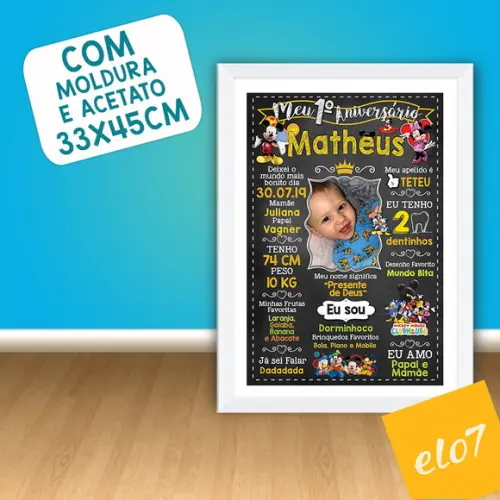 Chalkboard Aniversário C/ Moldura Turma Do Mickey 30x42cm