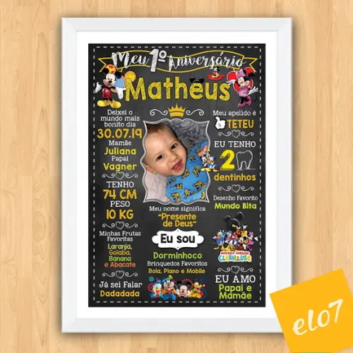 Chalkboard Aniversário C/ Moldura Turma Do Mickey 30x42cm