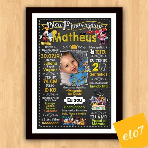 Chalkboard Aniversário C/ Moldura Turma Do Mickey 30x42cm