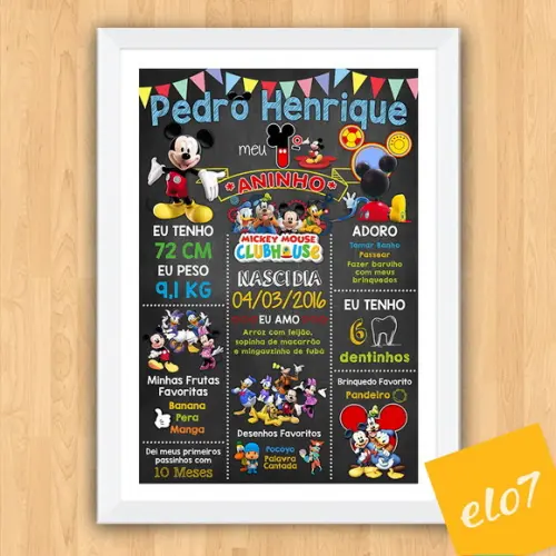 Chalkboard Aniversário C/ Moldura Turma Do Mickey 30x42cm