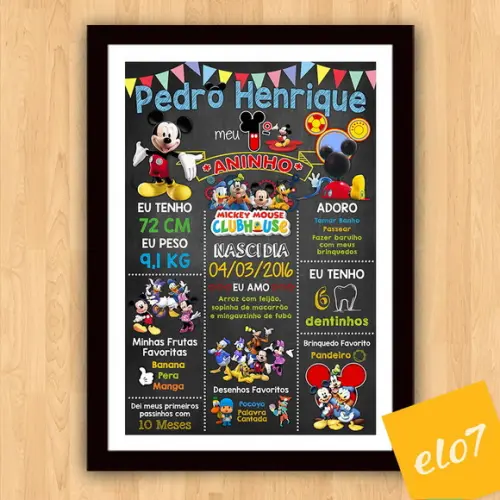 Chalkboard Aniversário C/ Moldura Turma Do Mickey 30x42cm