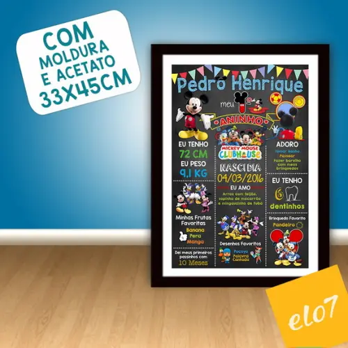 Chalkboard Aniversário C/ Moldura Turma Do Mickey 30x42cm
