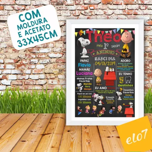 Chalkboard Aniversário C/ Moldura Turma Do Snoopy 30x42cm