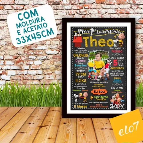 Chalkboard Aniversário C/ Moldura Turma Do Snoopy 30x42cm