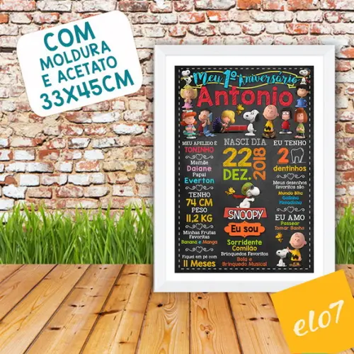 Chalkboard Aniversário C/ Moldura Turma Do Snoopy 30x42cm