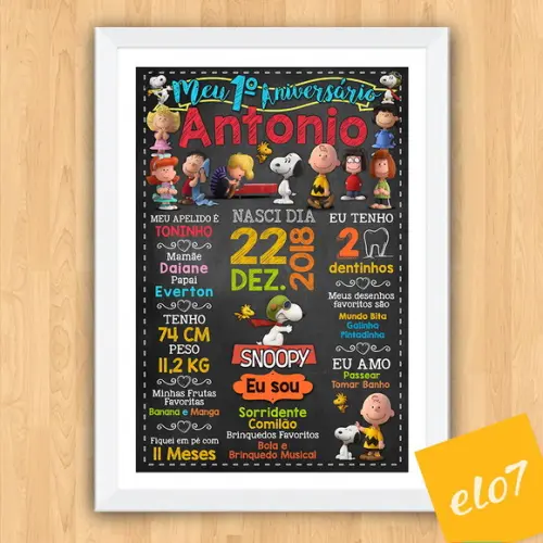 Chalkboard Aniversário C/ Moldura Turma Do Snoopy 30x42cm