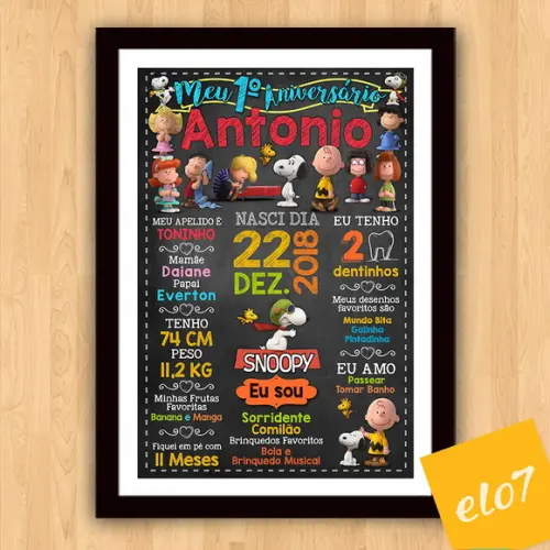 Chalkboard Aniversário C/ Moldura Turma Do Snoopy 30x42cm