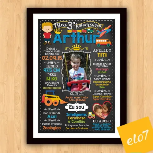 Chalkboard Aniversário Carros Veículos 3 Anos 30x42cm