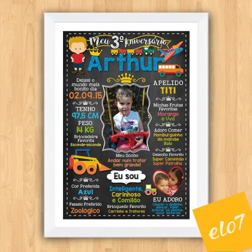 Chalkboard Aniversário Carros Veículos 3 Anos 30x42cm