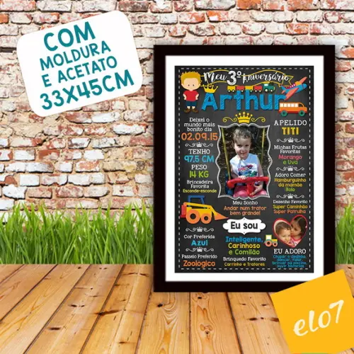 Chalkboard Aniversário Carros Veículos 3 Anos 30x42cm
