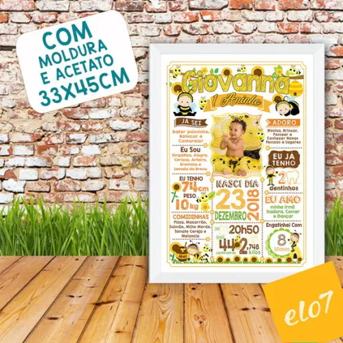 Chalkboard Aniversário Colmeia de Abelhas c/ Moldura 30x42cm