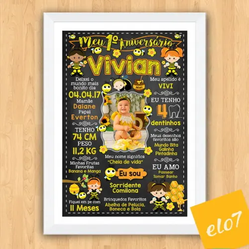 Chalkboard Aniversário Colmeia de Abelhas c/ Moldura 30x42cm