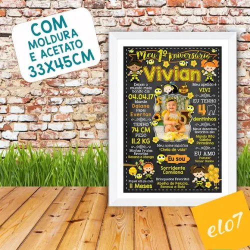 Chalkboard Aniversário Colmeia de Abelhas c/ Moldura 30x42cm