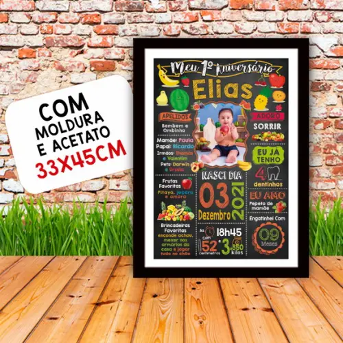 Chalkboard Aniversário Frutas com Moldura 30x42cm