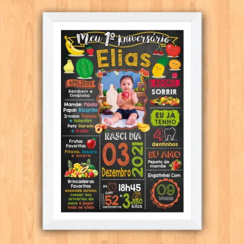 Chalkboard Aniversário Frutas com Moldura 30x42cm