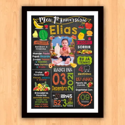 Chalkboard Aniversário Frutas com Moldura 30x42cm