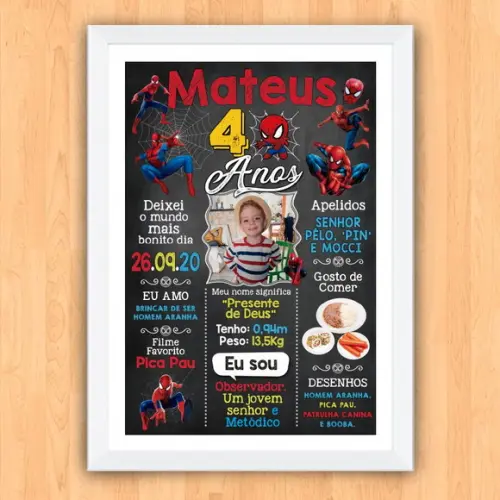 Chalkboard Aniversário Homem-aranha 4 Anos 30x42cm