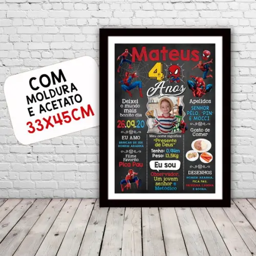 Chalkboard Aniversário Homem-aranha 4 Anos 30x42cm