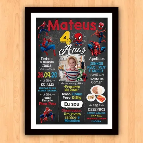 Chalkboard Aniversário Homem-aranha 4 Anos 30x42cm