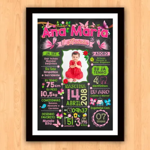 Chalkboard Aniversário Jardim Borboletas c/ Moldura 30x42cm