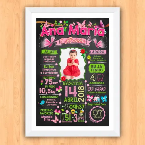 Chalkboard Aniversário Jardim Borboletas c/ Moldura 30x42cm