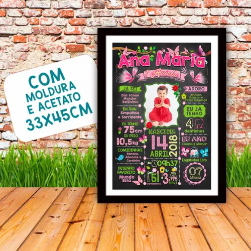 Chalkboard Aniversário Jardim Borboletas c/ Moldura 30x42cm