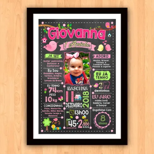 Chalkboard Aniversário Jardim de Pássaros c/ Moldura 30x42cm