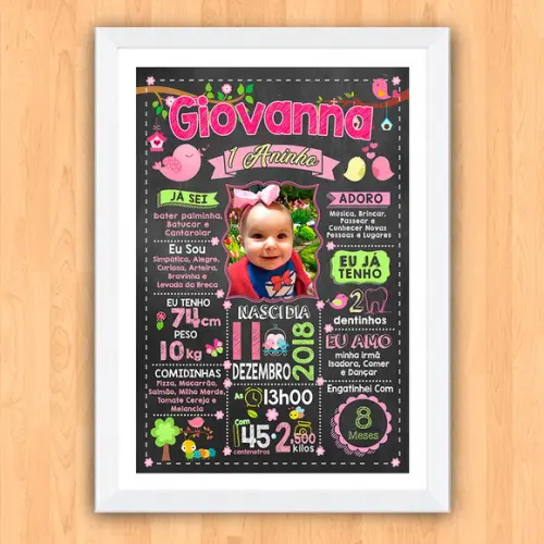 Chalkboard Aniversário Jardim de Pássaros c/ Moldura 30x42cm