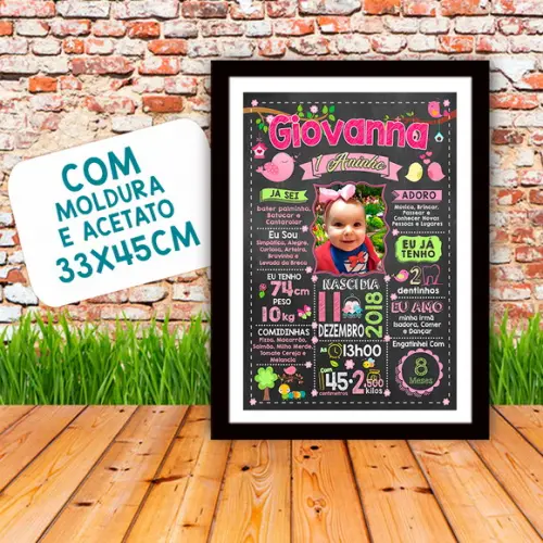 Chalkboard Aniversário Jardim de Pássaros c/ Moldura 30x42cm