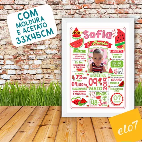 Chalkboard Aniversário Melancia Vermelha C/ Moldura 30x42cm